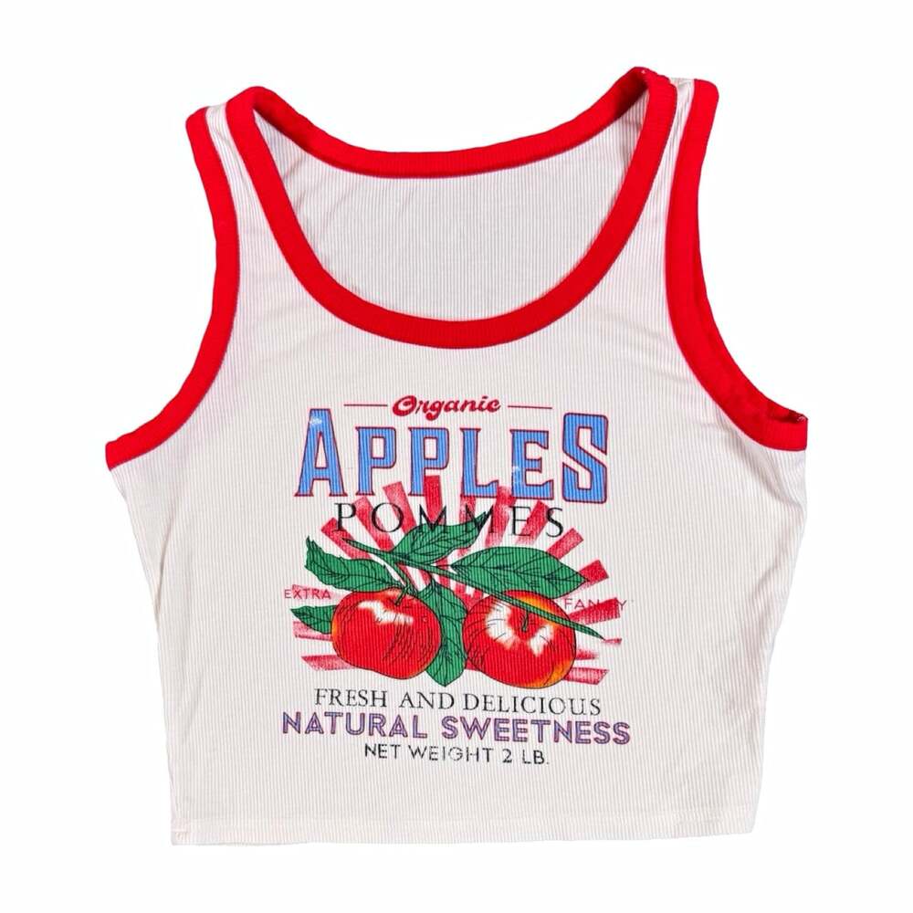 Women's Organic Apples Ribbed Cropped Camisole Tank Red Trim Graphic Print Top S - Picture 2 of 8